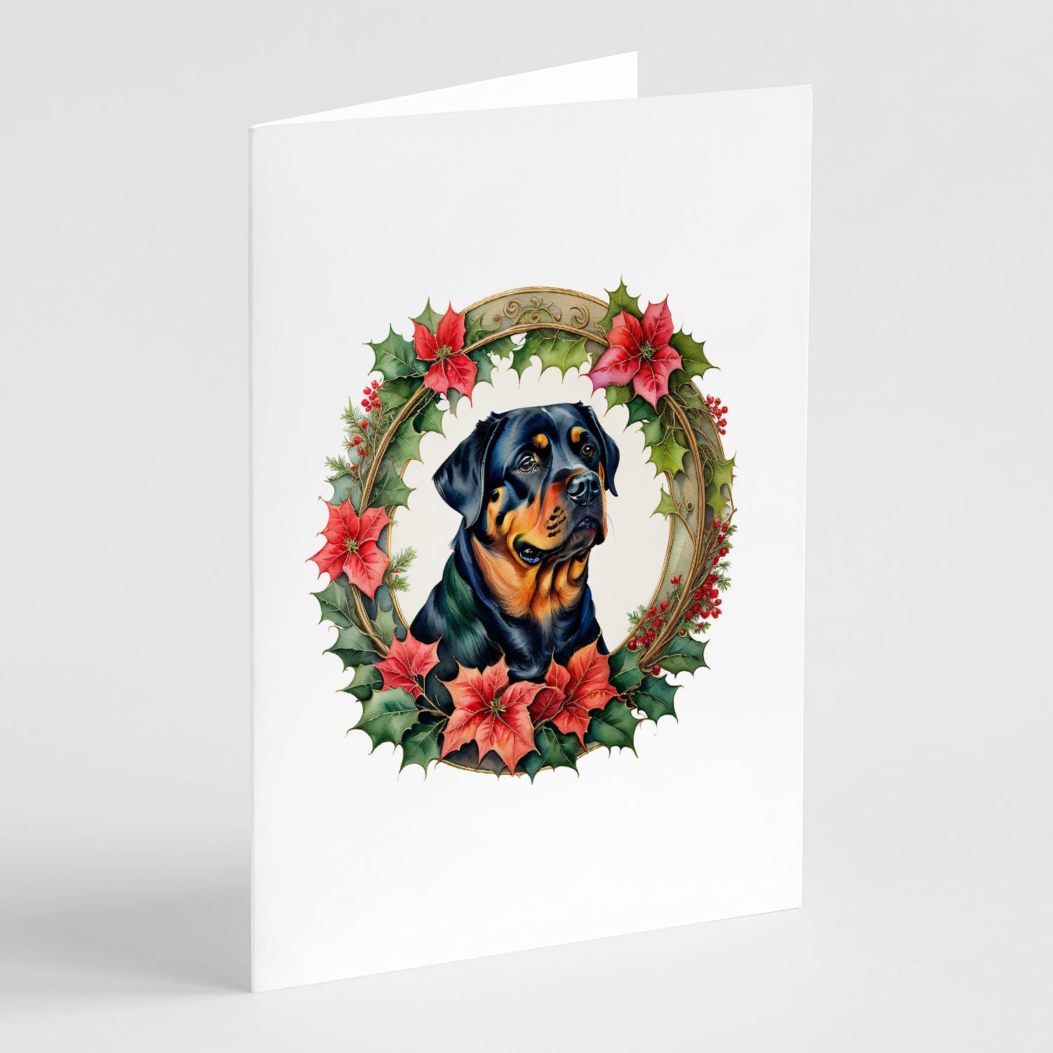 Rottweiler Christmas Flowers Greeting Cards Pack of 8 Blank Cards with Envelopes Whimsical A7 Size 5x7