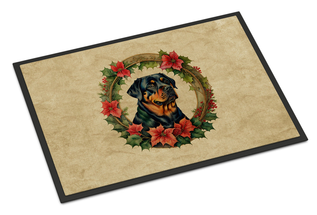 Rottweiler Christmas Flowers Doormat Indoor Outdoor 24H X 36W Front Door Mat Rugs for Entryway, Non Slip Washable Low Pile,