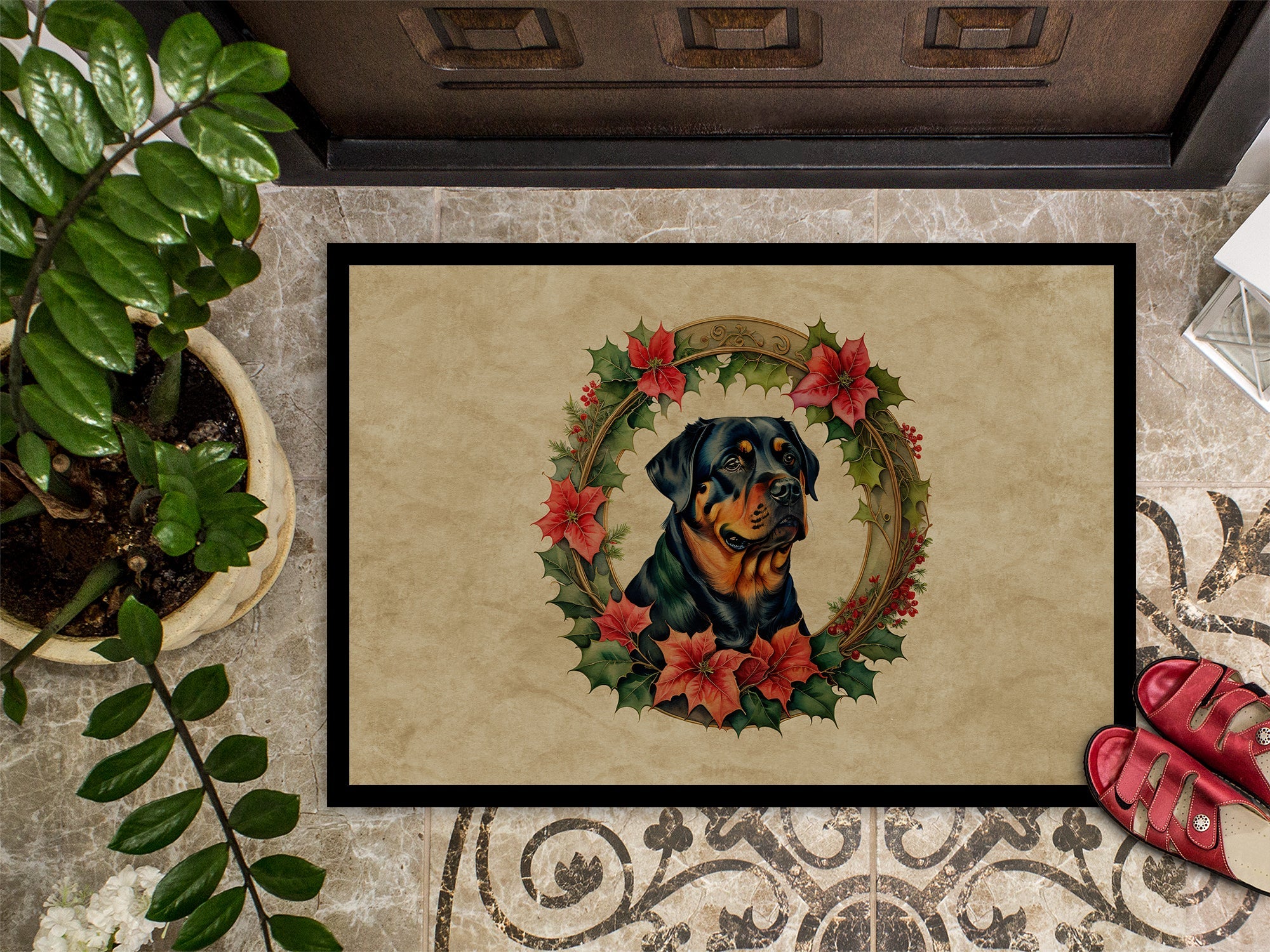Rottweiler Christmas Flowers Doormat Indoor Outdoor 24H X 36W Front Door Mat Rugs for Entryway, Non Slip Washable Low Pile,