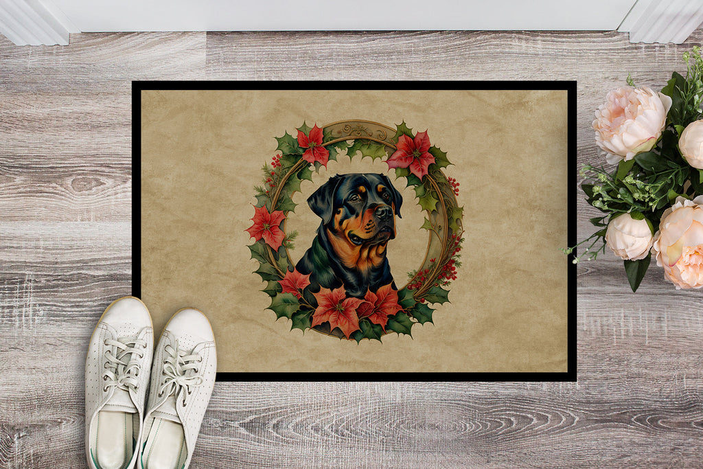 Rottweiler Christmas Flowers Doormat Indoor Outdoor 18H X 27W Front Door Mat Rugs for Entryway, Non Slip Washable