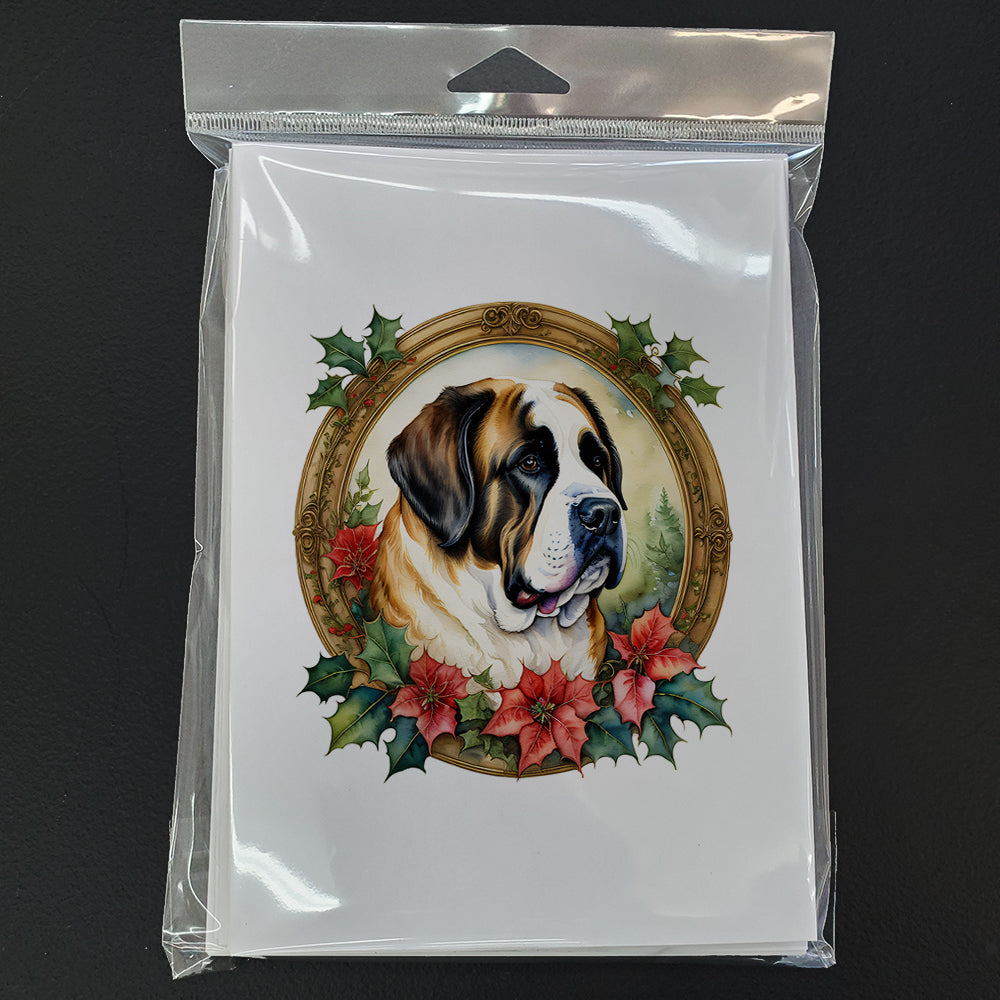 Saint Bernard Christmas Flowers Greeting Cards Pack of 8 Blank Cards with Envelopes Whimsical A7 Size 5x7