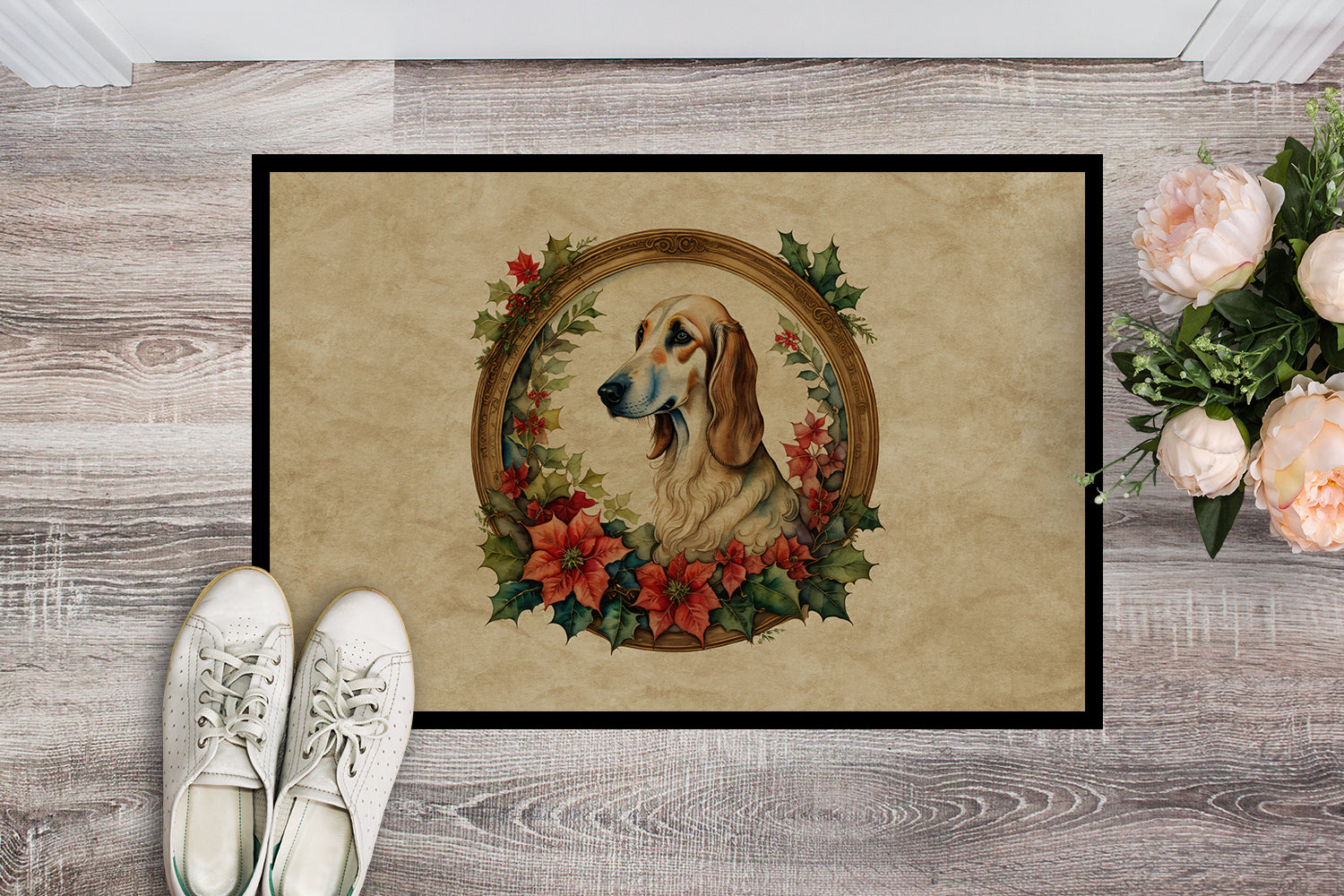 Saluki Christmas Flowers Doormat Indoor Outdoor 18H X 27W Front Door Mat Rugs for Entryway, Non Slip Washable
