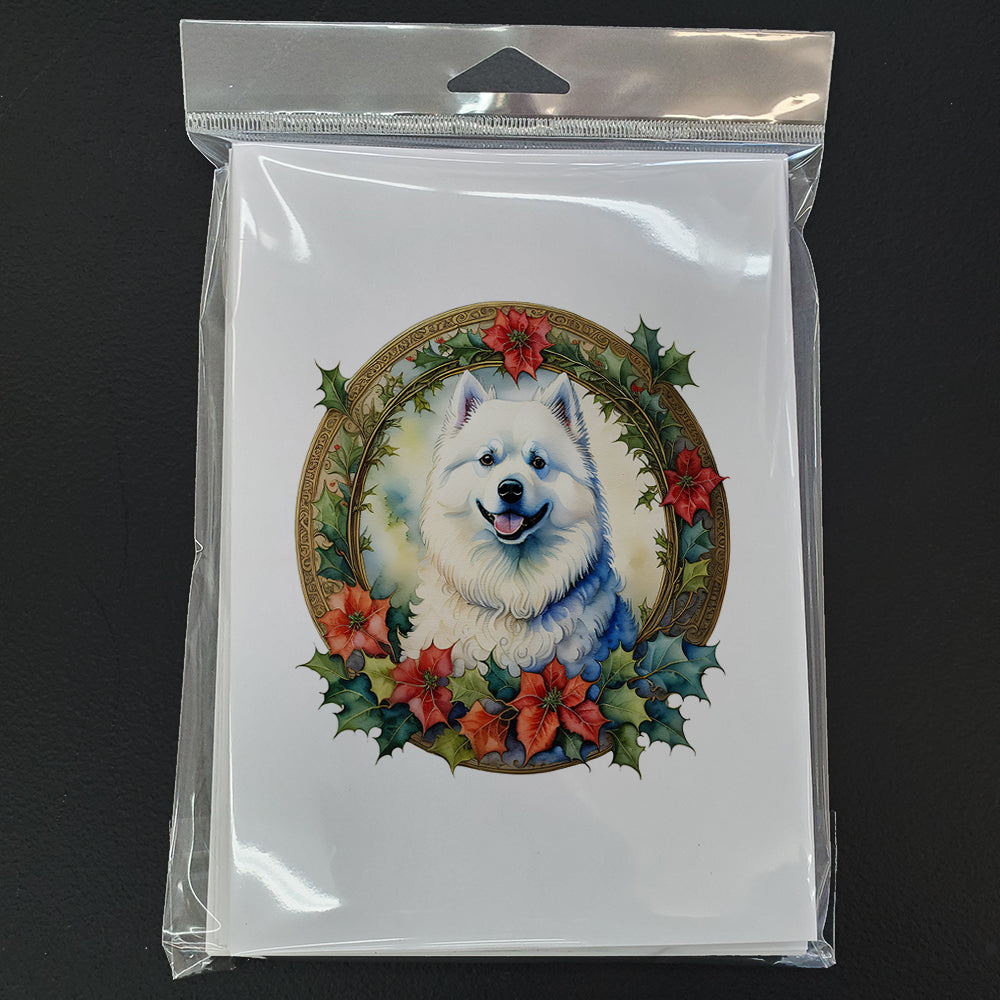 Samoyed Christmas Flowers Greeting Cards Pack of 8 Blank Cards with Envelopes Whimsical A7 Size 5x7