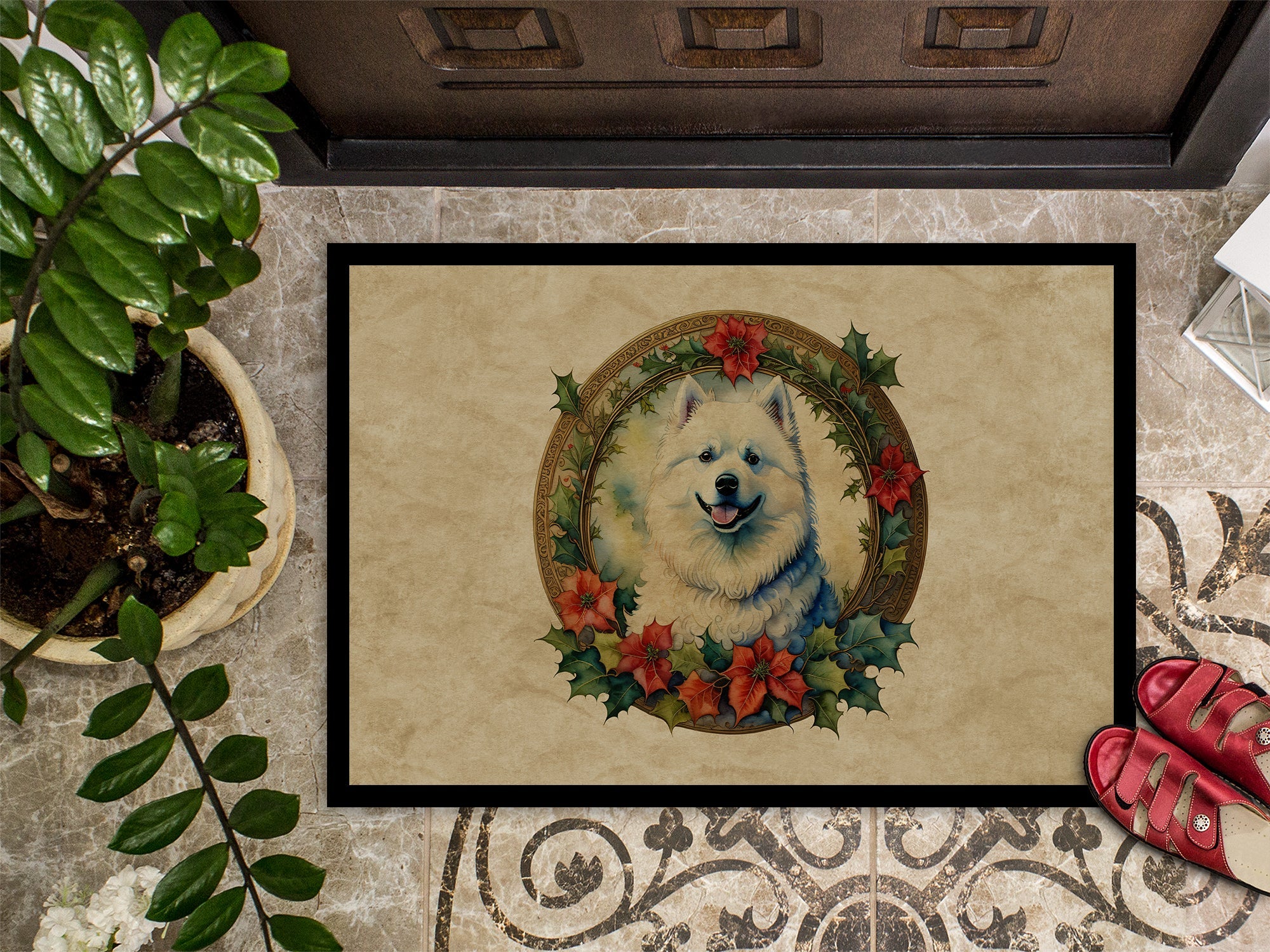 Samoyed Christmas Flowers Doormat Indoor Outdoor 24H X 36W Front Door Mat Rugs for Entryway, Non Slip Washable Low Pile,