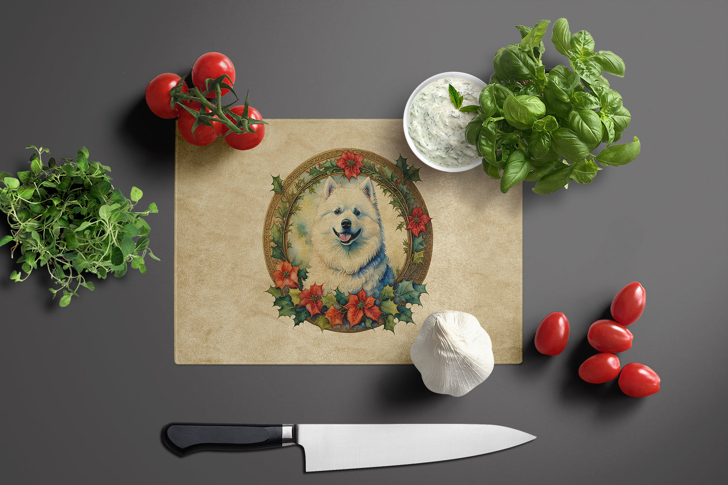 Samoyed Christmas Flowers Cutting Board Tempered Glass Kitchen Cutting Surface, Heat Resistant Chopping, Non-Slip Feet, Food Prep & Serving