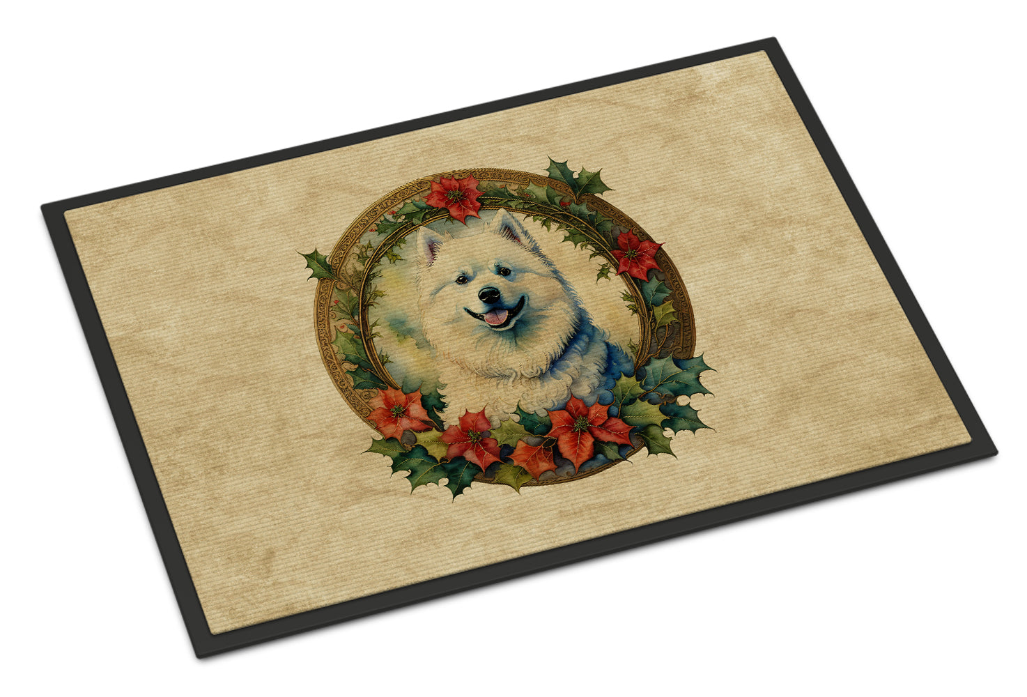Samoyed Christmas Flowers Doormat Indoor Outdoor 18H X 27W Front Door Mat Rugs for Entryway, Non Slip Washable
