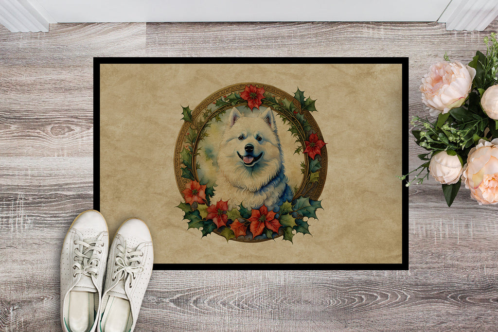 Samoyed Christmas Flowers Doormat Indoor Outdoor 18H X 27W Front Door Mat Rugs for Entryway, Non Slip Washable