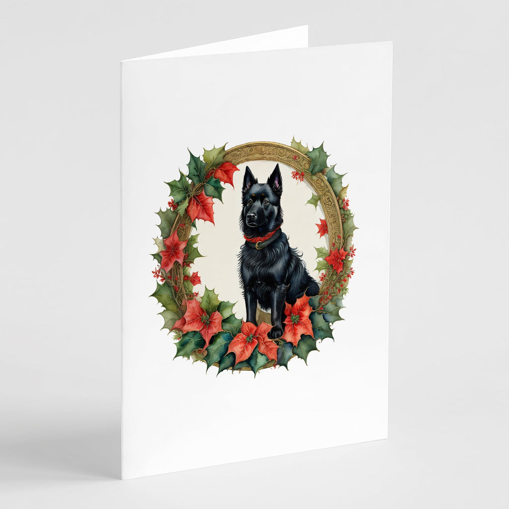 Schipperke Christmas Flowers Greeting Cards Pack of 8 Blank Cards with Envelopes Whimsical A7 Size 5x7