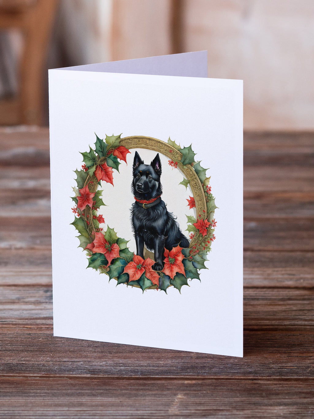 Schipperke Christmas Flowers Greeting Cards Pack of 8 Blank Cards with Envelopes Whimsical A7 Size 5x7