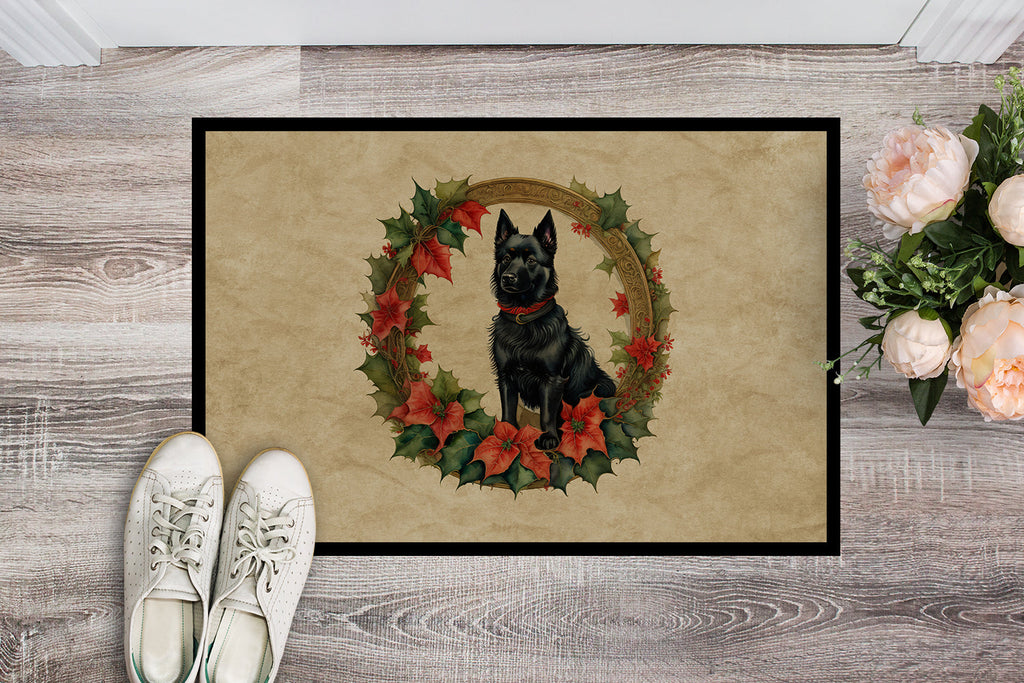 Schipperke Christmas Flowers Doormat Indoor Outdoor 24H X 36W Front Door Mat Rugs for Entryway, Non Slip Washable Low Pile,
