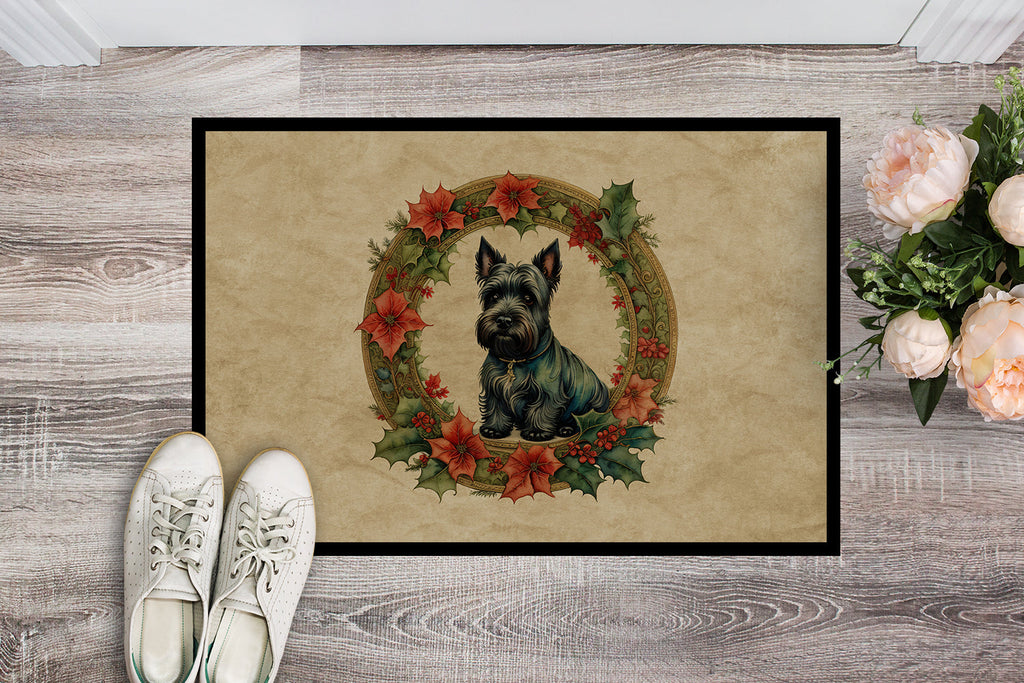 Scottish Terrier Christmas Flowers Doormat Indoor Outdoor 24H X 36W Front Door Mat Rugs for Entryway, Non Slip Washable Low Pile,