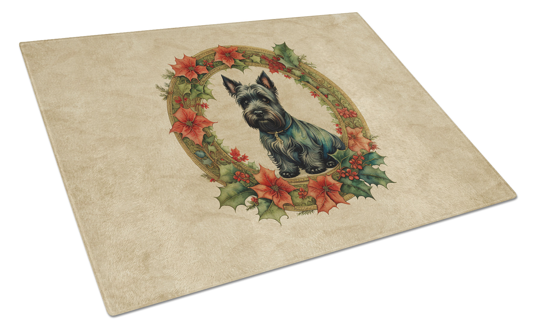 Scottish Terrier Christmas Flowers Cutting Board Tempered Glass Kitchen Cutting Surface, Heat Resistant Chopping, Non-Slip Feet, Food Prep & Serving