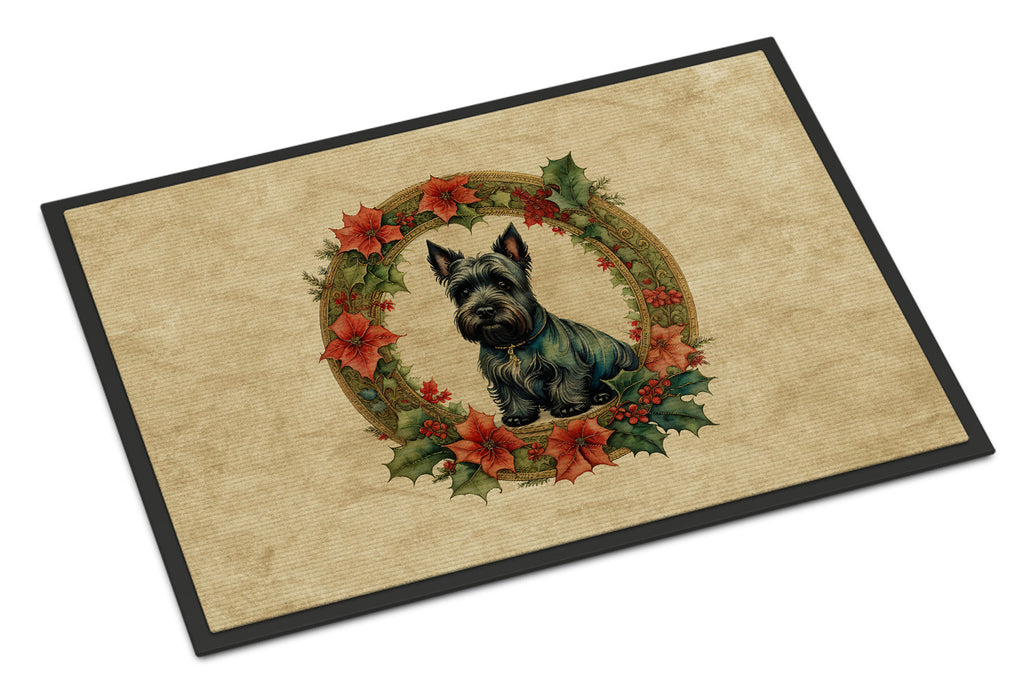 Scottish Terrier Christmas Flowers Doormat Indoor Outdoor 18H X 27W Front Door Mat Rugs for Entryway, Non Slip Washable