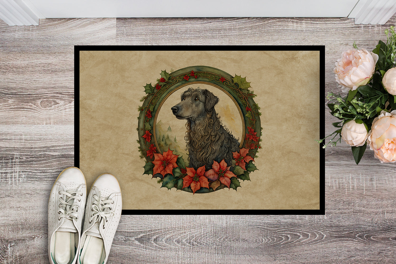 Scottish Deerhound Christmas Flowers Doormat Indoor Outdoor 24H X 36W Front Door Mat Rugs for Entryway, Non Slip Washable Low Pile,