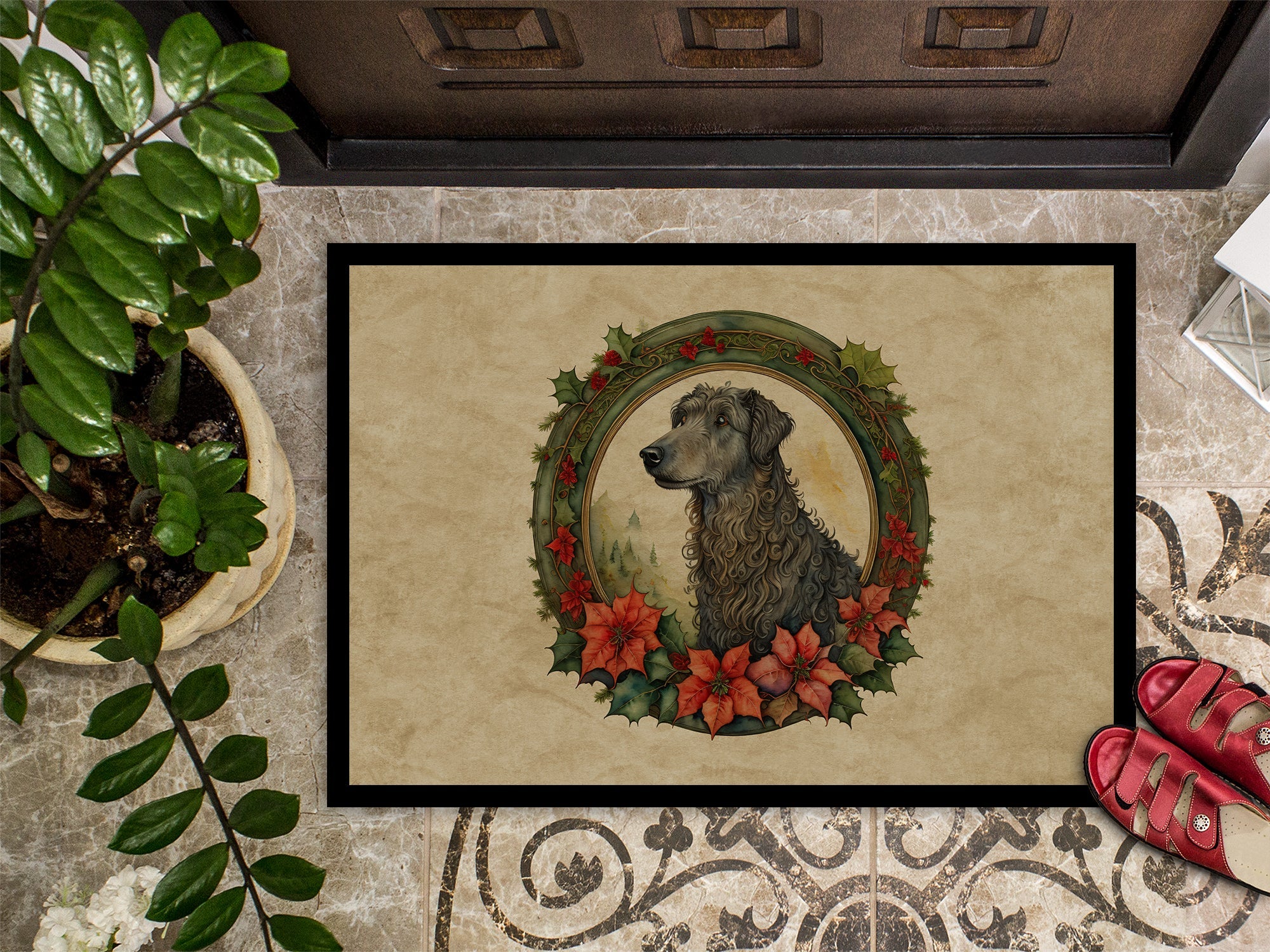 Scottish Deerhound Christmas Flowers Doormat Indoor Outdoor 24H X 36W Front Door Mat Rugs for Entryway, Non Slip Washable Low Pile,