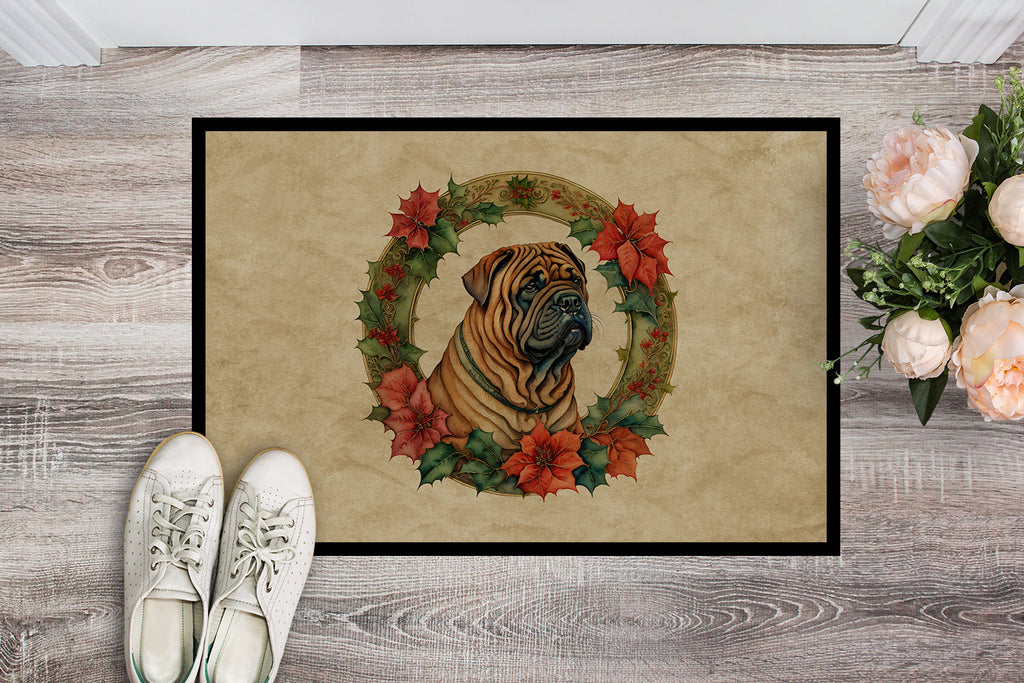 Shar Pei Christmas Flowers Doormat Indoor Outdoor 18H X 27W Front Door Mat Rugs for Entryway, Non Slip Washable