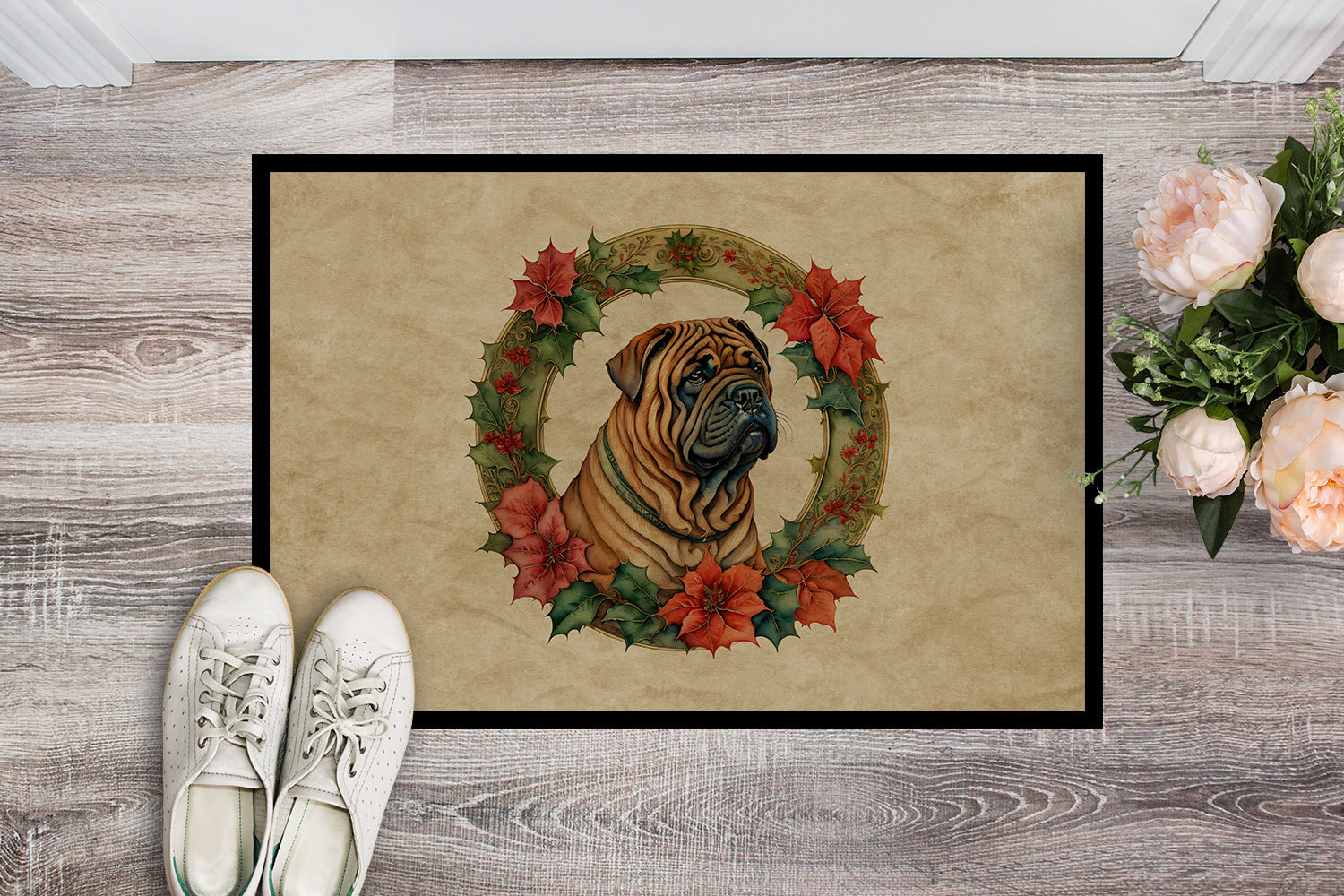 Shar Pei Christmas Flowers Doormat Indoor Outdoor 18H X 27W Front Door Mat Rugs for Entryway, Non Slip Washable