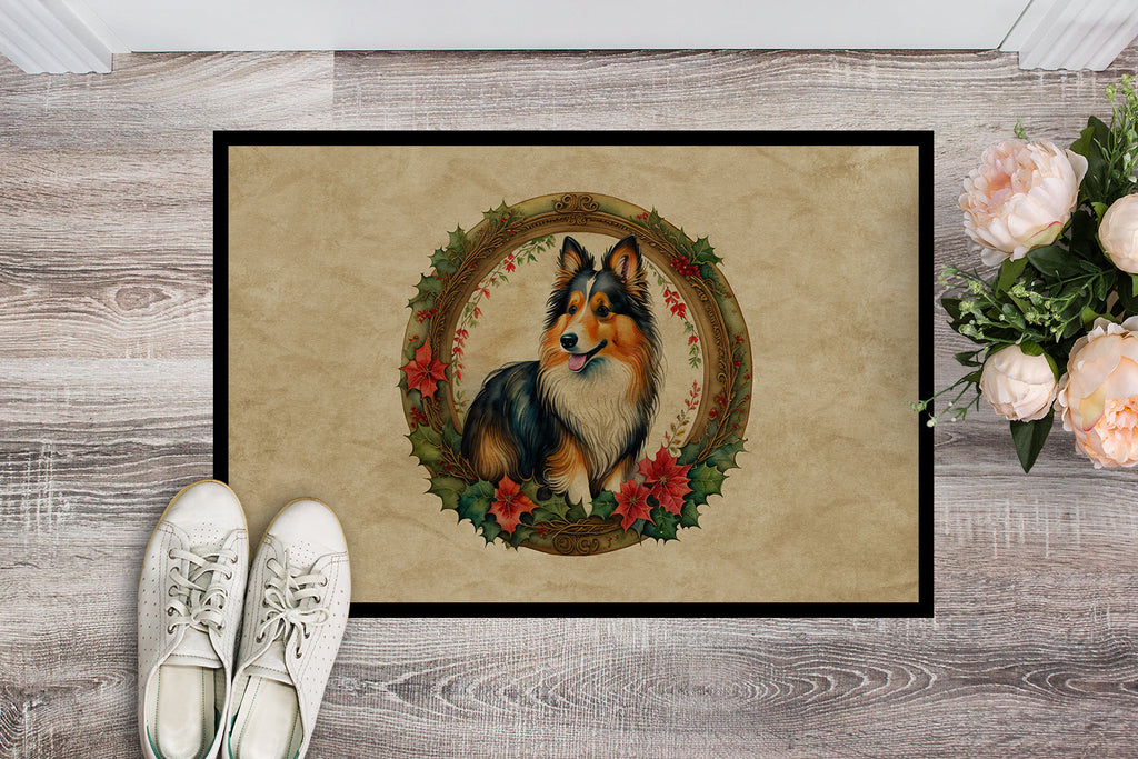 Sheltie Christmas Flowers Doormat Indoor Outdoor 24H X 36W Front Door Mat Rugs for Entryway, Non Slip Washable Low Pile,