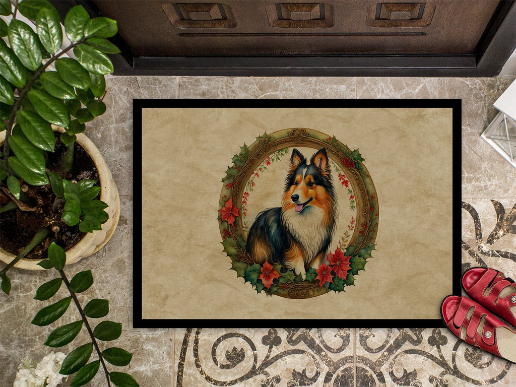 Sheltie Christmas Flowers Doormat Indoor Outdoor 18H X 27W Front Door Mat Rugs for Entryway, Non Slip Washable