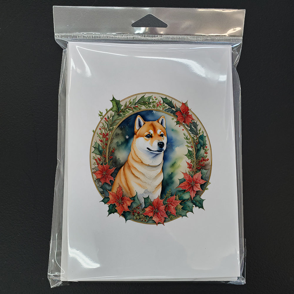 Shiba Inu Christmas Flowers Greeting Cards Pack of 8 Blank Cards with Envelopes Whimsical A7 Size 5x7