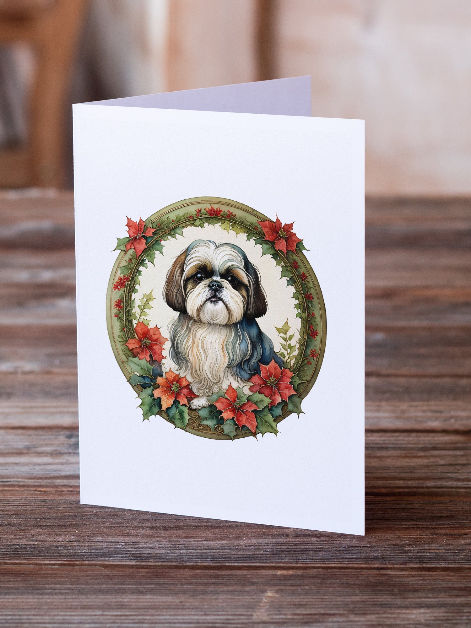 Shih Tzu Christmas Flowers Greeting Cards Pack of 8 Blank Cards with Envelopes Whimsical A7 Size 5x7