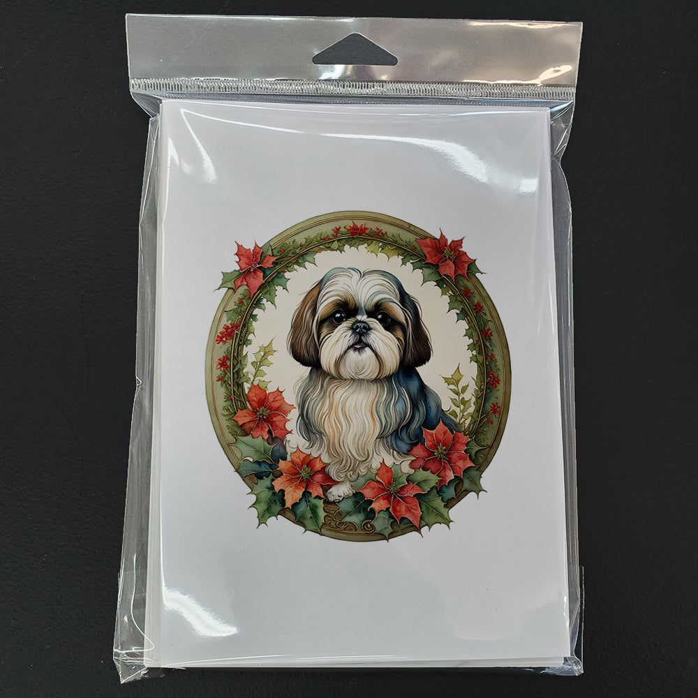 Shih Tzu Christmas Flowers Greeting Cards Pack of 8 Blank Cards with Envelopes Whimsical A7 Size 5x7