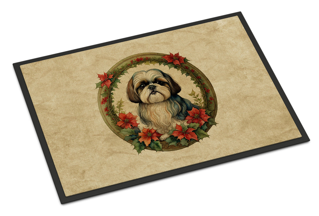 Shih Tzu Christmas Flowers Doormat Indoor Outdoor 24H X 36W Front Door Mat Rugs for Entryway, Non Slip Washable Low Pile,