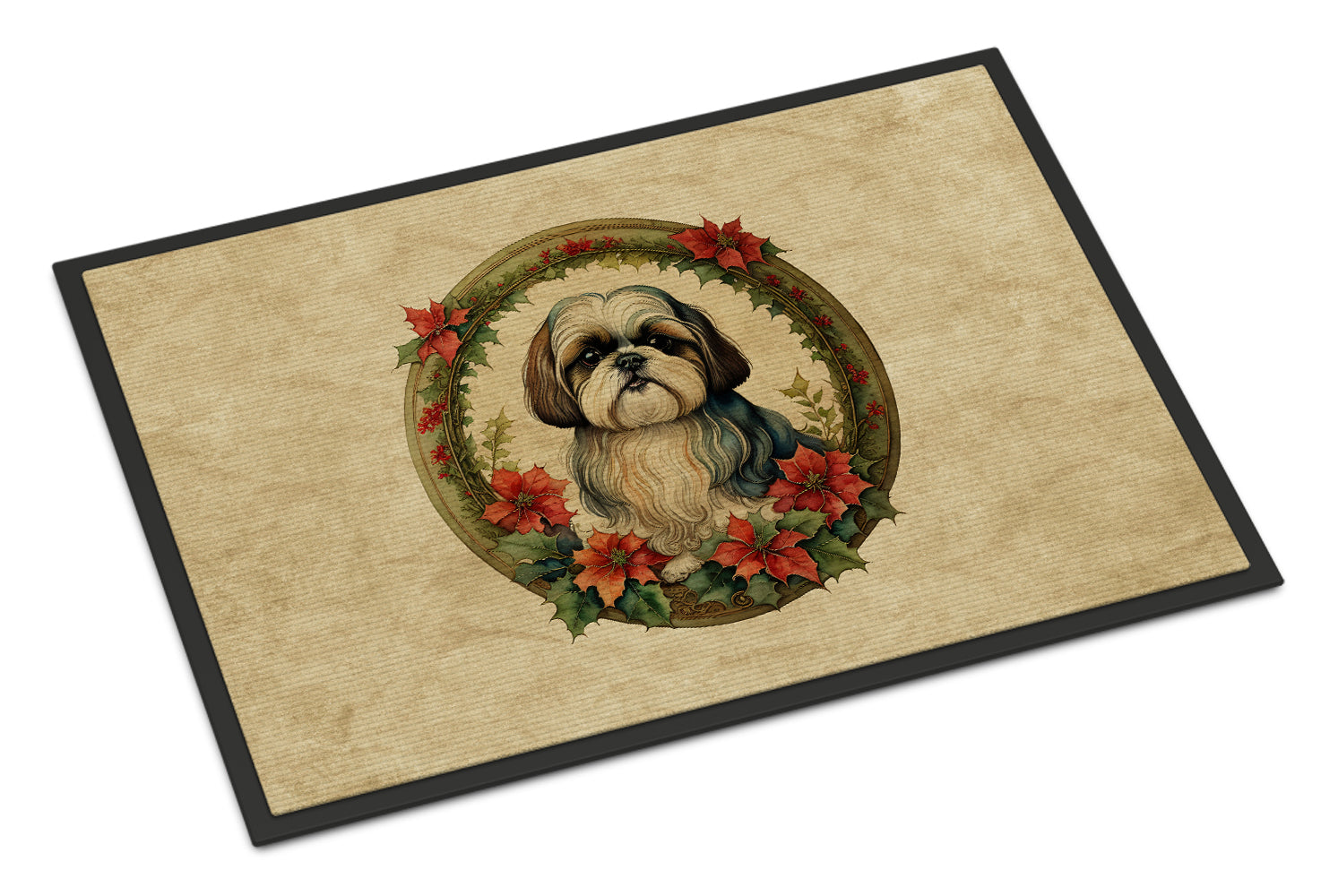 Shih Tzu Christmas Flowers Doormat Indoor Outdoor 24H X 36W Front Door Mat Rugs for Entryway, Non Slip Washable Low Pile,