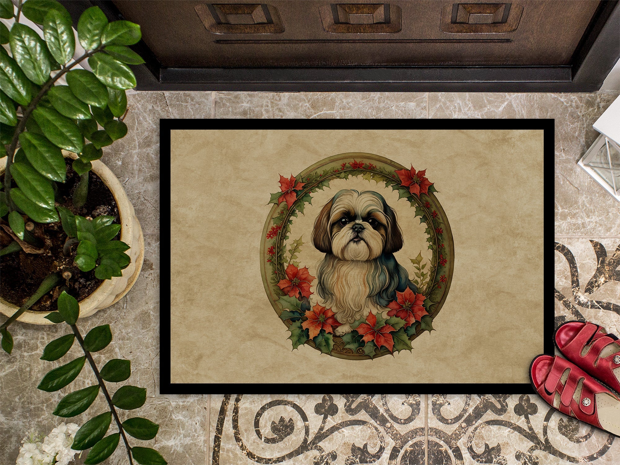 Shih Tzu Christmas Flowers Doormat Indoor Outdoor 24H X 36W Front Door Mat Rugs for Entryway, Non Slip Washable Low Pile,
