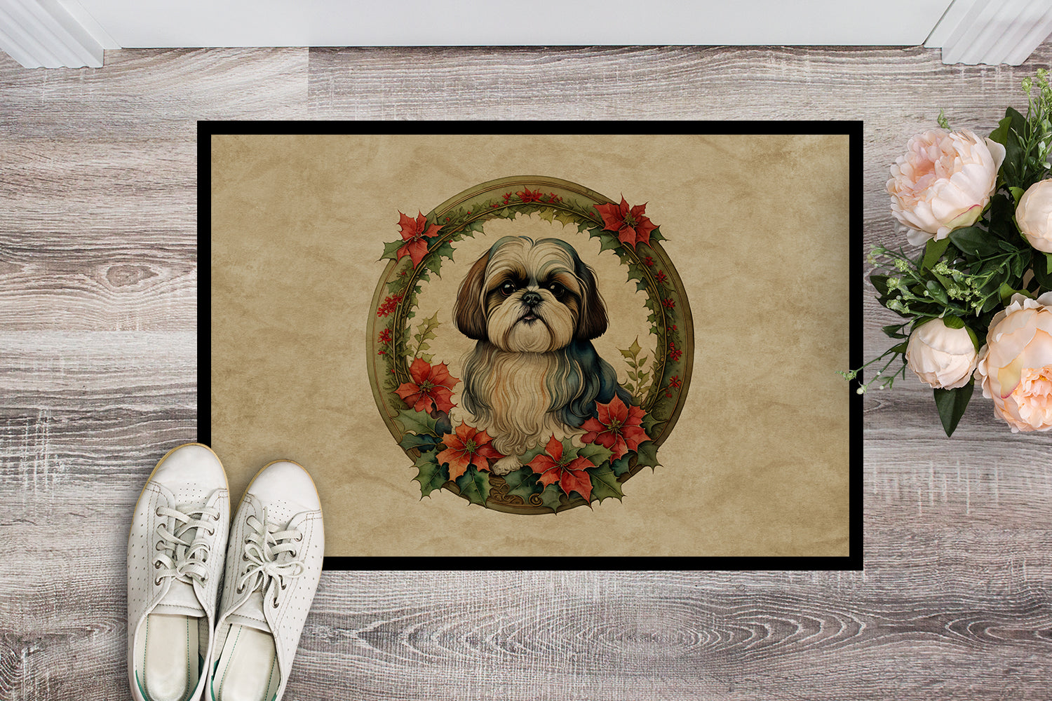 Shih Tzu Christmas Flowers Doormat Indoor Outdoor 18H X 27W Front Door Mat Rugs for Entryway, Non Slip Washable
