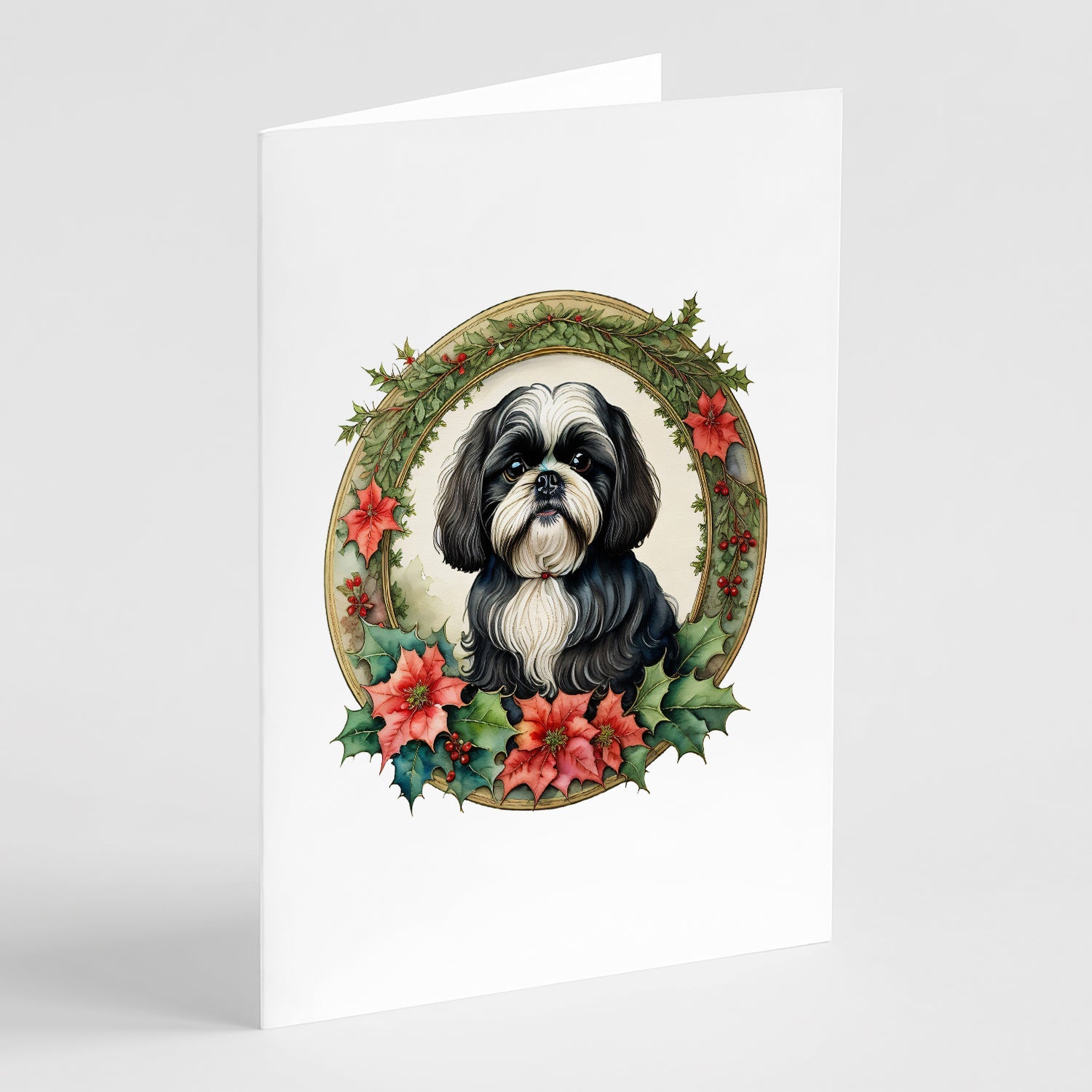 Shih Tzu Christmas Flowers Greeting Cards Pack of 8 Blank Cards with Envelopes Whimsical A7 Size 5x7