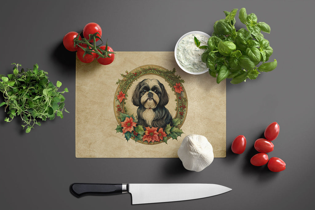 Shih Tzu Christmas Flowers Cutting Board Tempered Glass Kitchen Cutting Surface, Heat Resistant Chopping, Non-Slip Feet, Food Prep & Serving