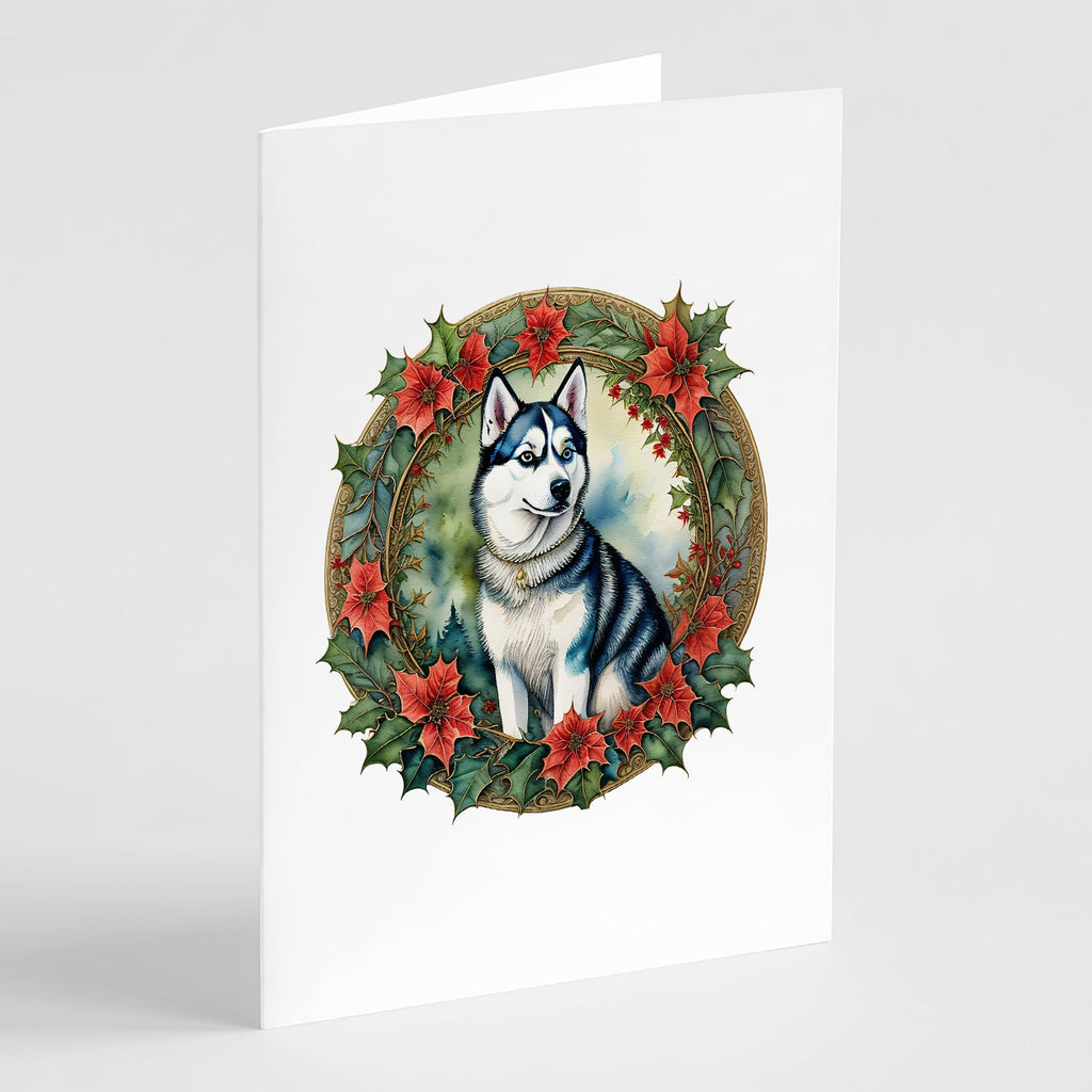 Siberian Husky Christmas Flowers Greeting Cards Pack of 8 Blank Cards with Envelopes Whimsical A7 Size 5x7