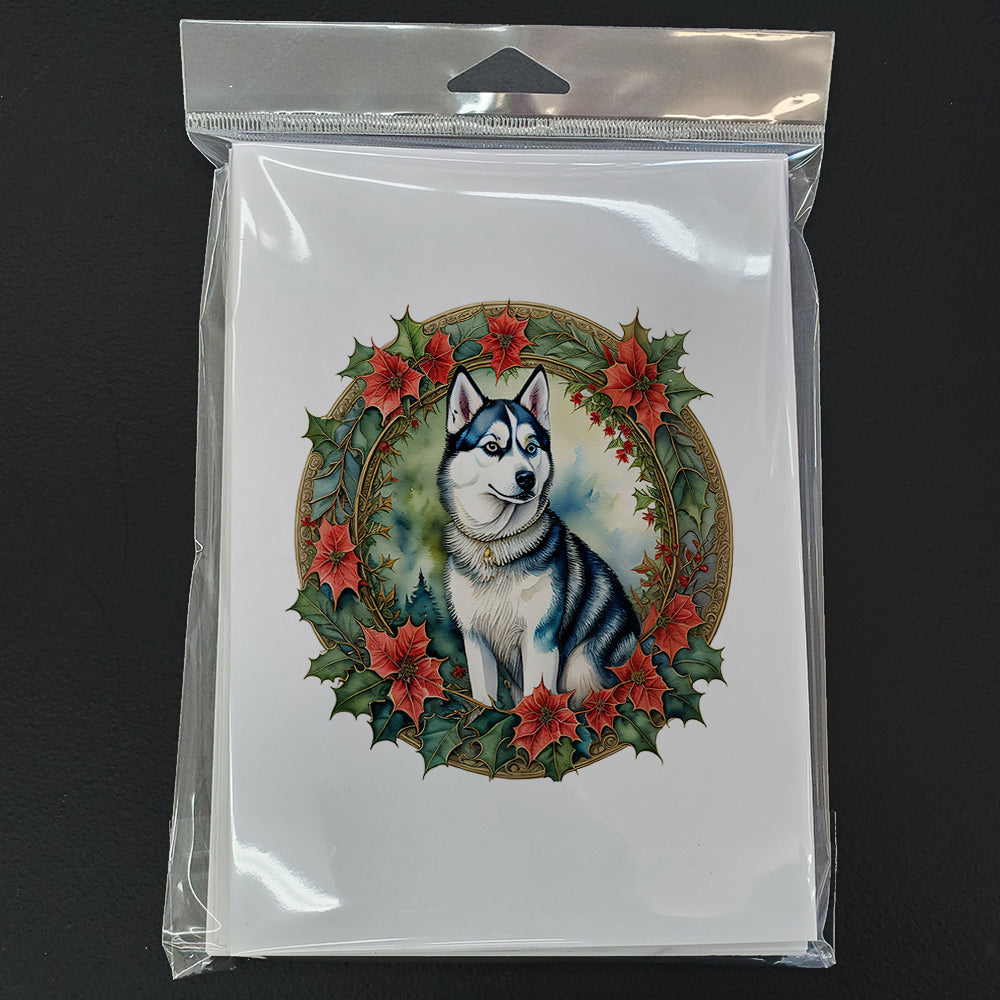 Siberian Husky Christmas Flowers Greeting Cards Pack of 8 Blank Cards with Envelopes Whimsical A7 Size 5x7