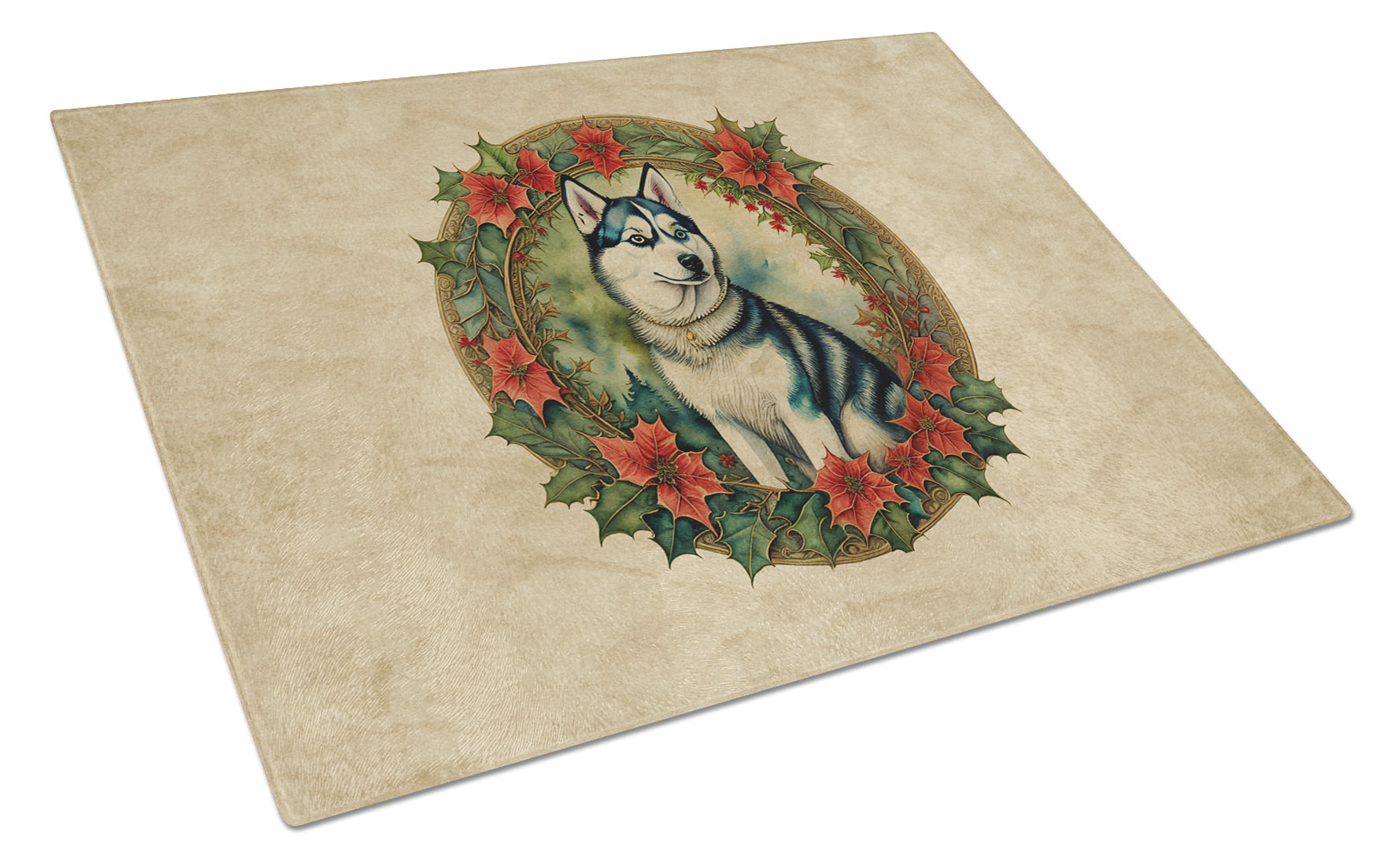 Siberian Husky Christmas Flowers Cutting Board Tempered Glass Kitchen Cutting Surface, Heat Resistant Chopping, Non-Slip Feet, Food Prep & Serving