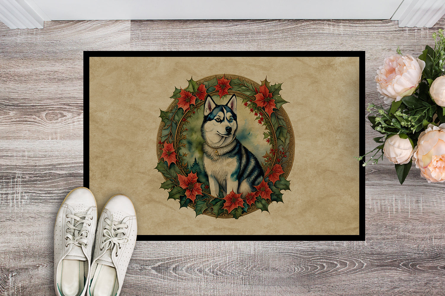 Siberian Husky Christmas Flowers Doormat Indoor Outdoor 18H X 27W Front Door Mat Rugs for Entryway, Non Slip Washable