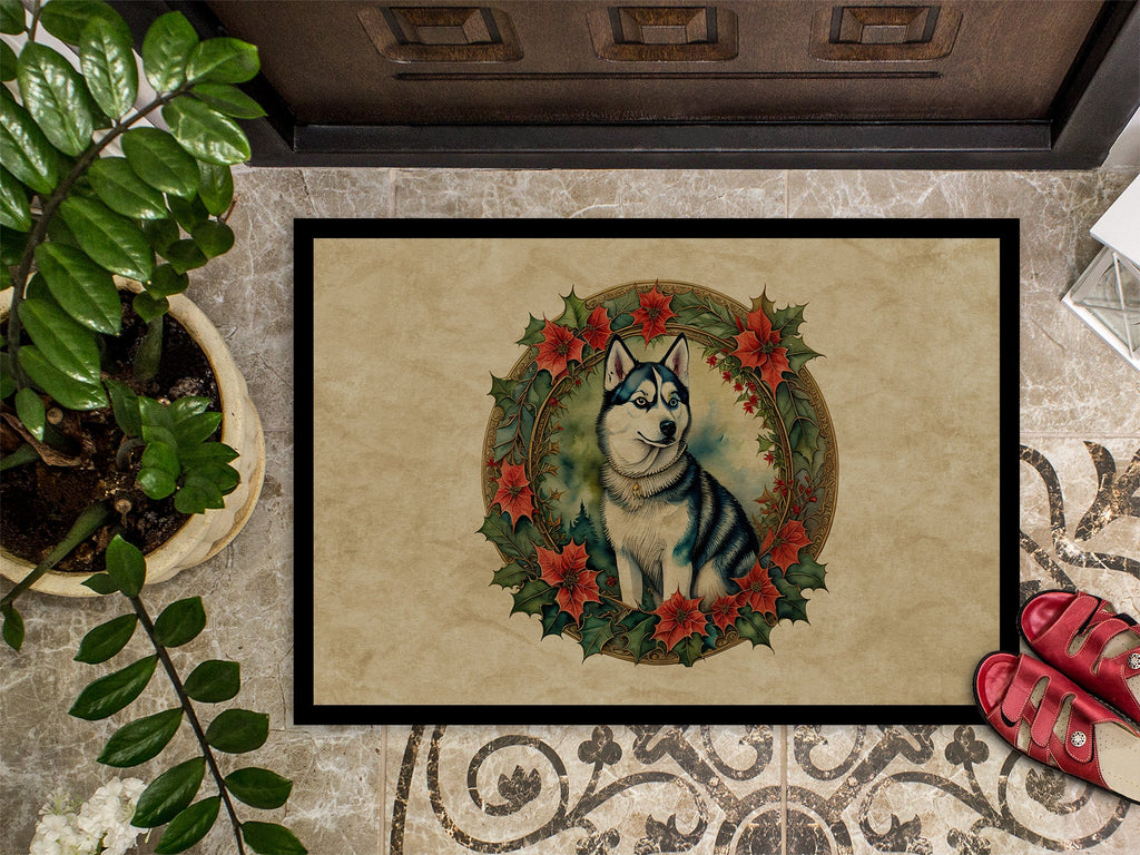 Siberian Husky Christmas Flowers Doormat Indoor Outdoor 18H X 27W Front Door Mat Rugs for Entryway, Non Slip Washable