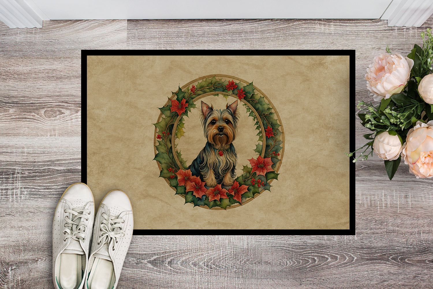 Silky Terrier Christmas Flowers Doormat Indoor Outdoor 24H X 36W Front Door Mat Rugs for Entryway, Non Slip Washable Low Pile,