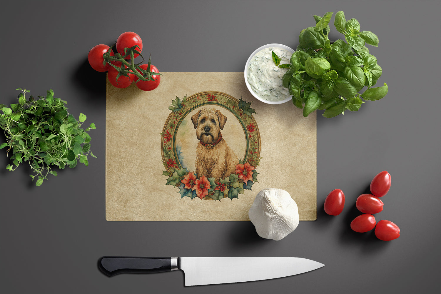 Wheaten Terrier Christmas Flowers Cutting Board Tempered Glass Kitchen Cutting Surface, Heat Resistant Chopping, Non-Slip Feet, Food Prep & Serving