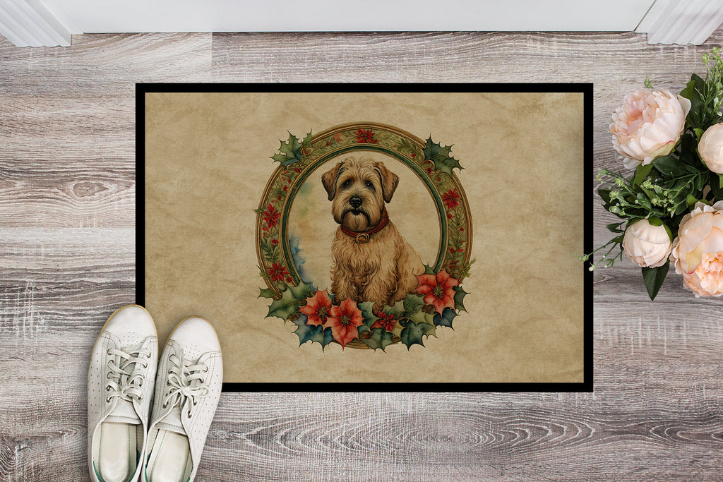Wheaten Terrier Christmas Flowers Doormat Indoor Outdoor 18H X 27W Front Door Mat Rugs for Entryway, Non Slip Washable