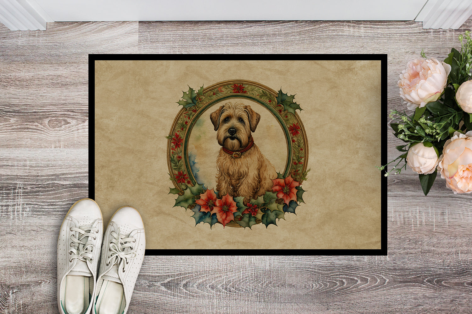 Wheaten Terrier Christmas Flowers Doormat Indoor Outdoor 18H X 27W Front Door Mat Rugs for Entryway, Non Slip Washable