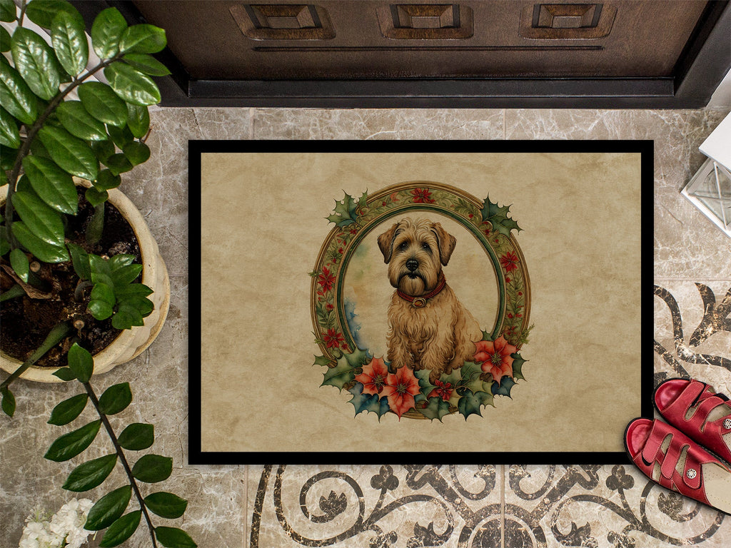 Wheaten Terrier Christmas Flowers Doormat Indoor Outdoor 18H X 27W Front Door Mat Rugs for Entryway, Non Slip Washable