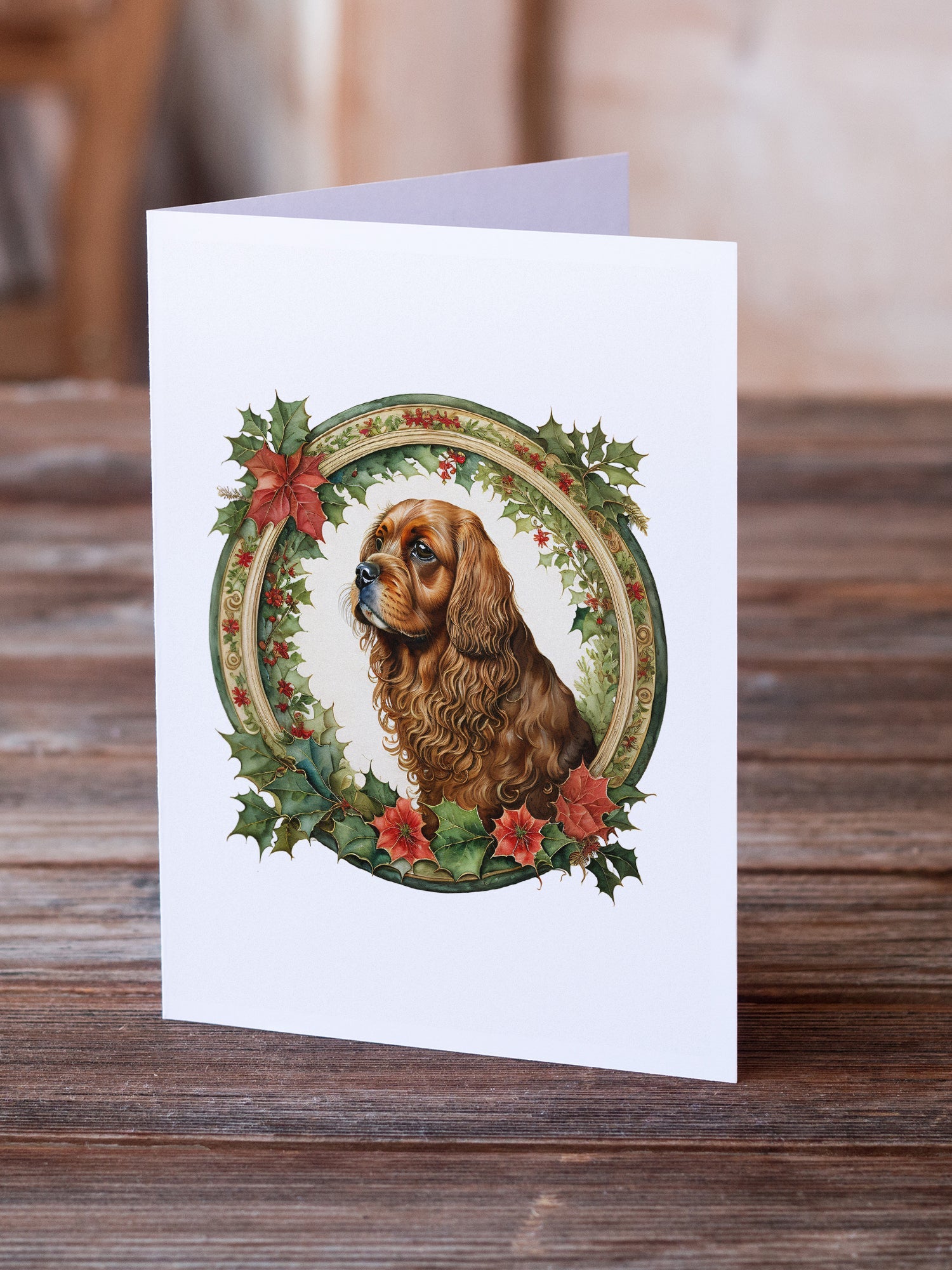 Sussex Spaniel Christmas Flowers Greeting Cards Pack of 8 Blank Cards with Envelopes Whimsical A7 Size 5x7