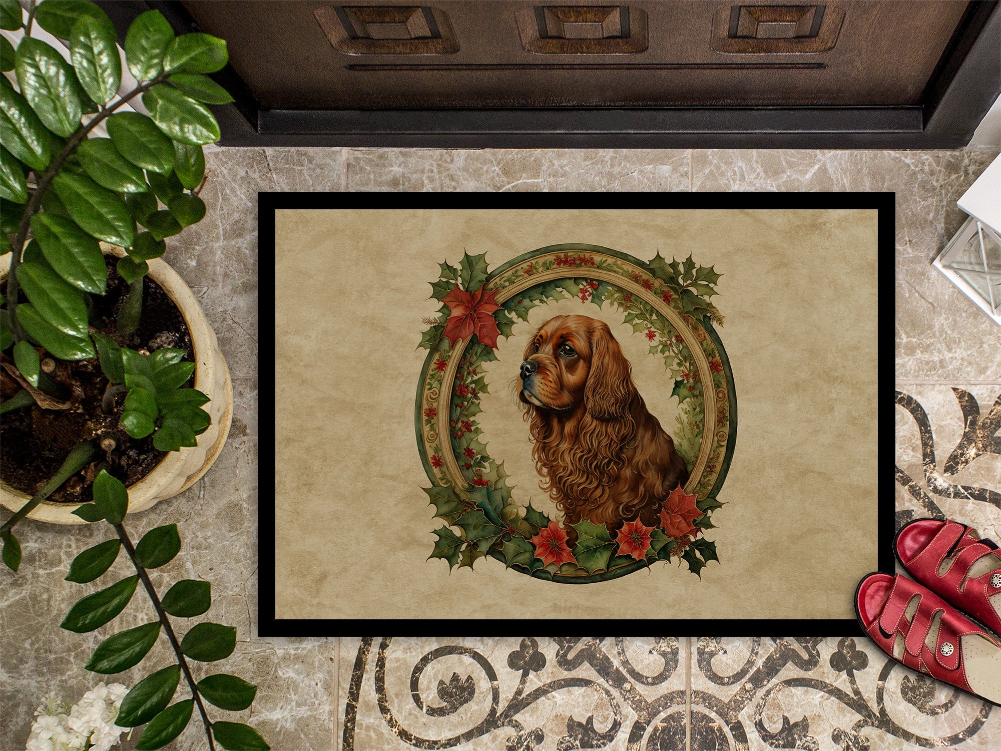 Sussex Spaniel Christmas Flowers Doormat Indoor Outdoor 18H X 27W Front Door Mat Rugs for Entryway, Non Slip Washable