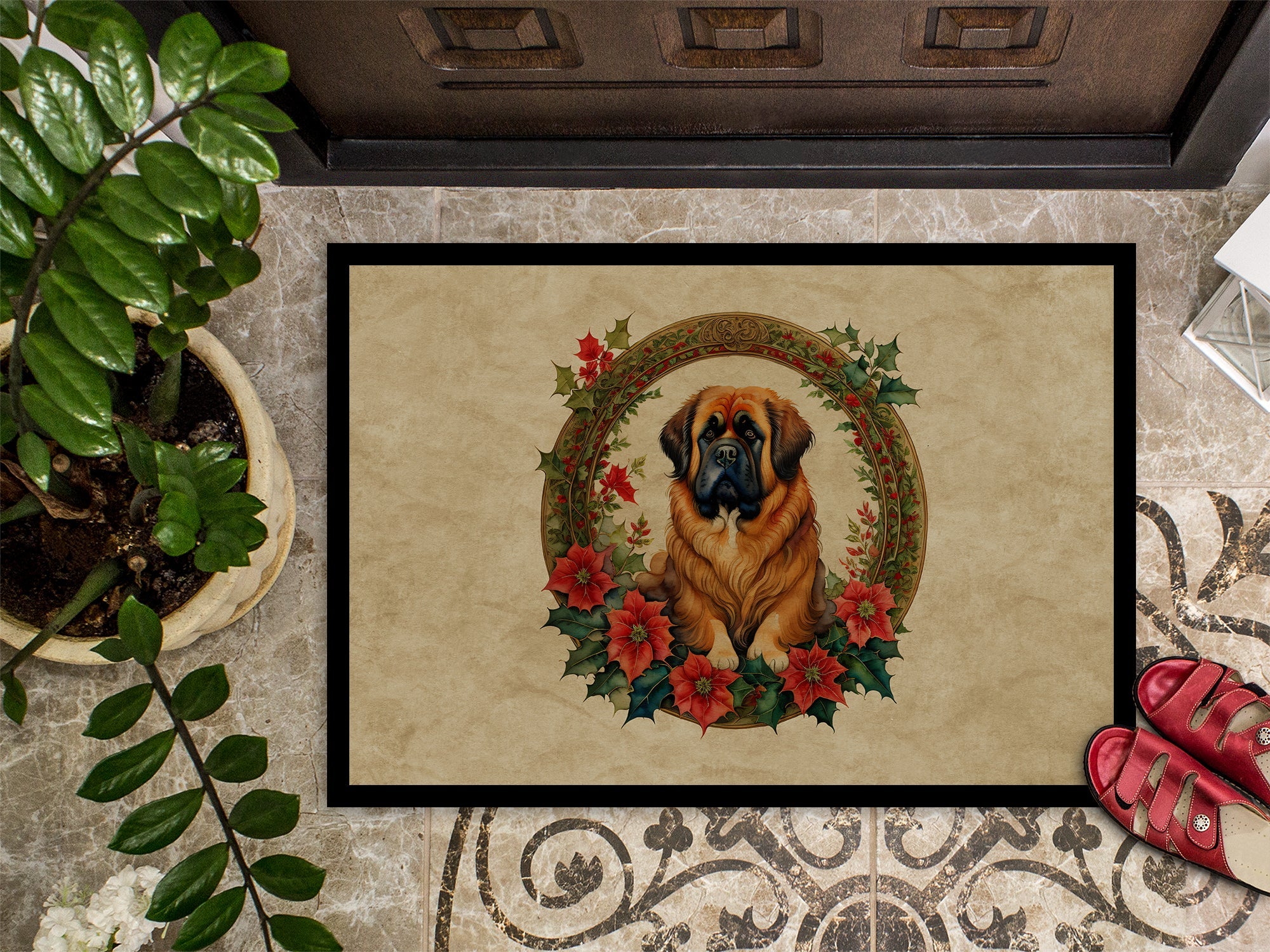 Tibetan Mastiff Christmas Flowers Doormat Indoor Outdoor 18H X 27W Front Door Mat Rugs for Entryway, Non Slip Washable
