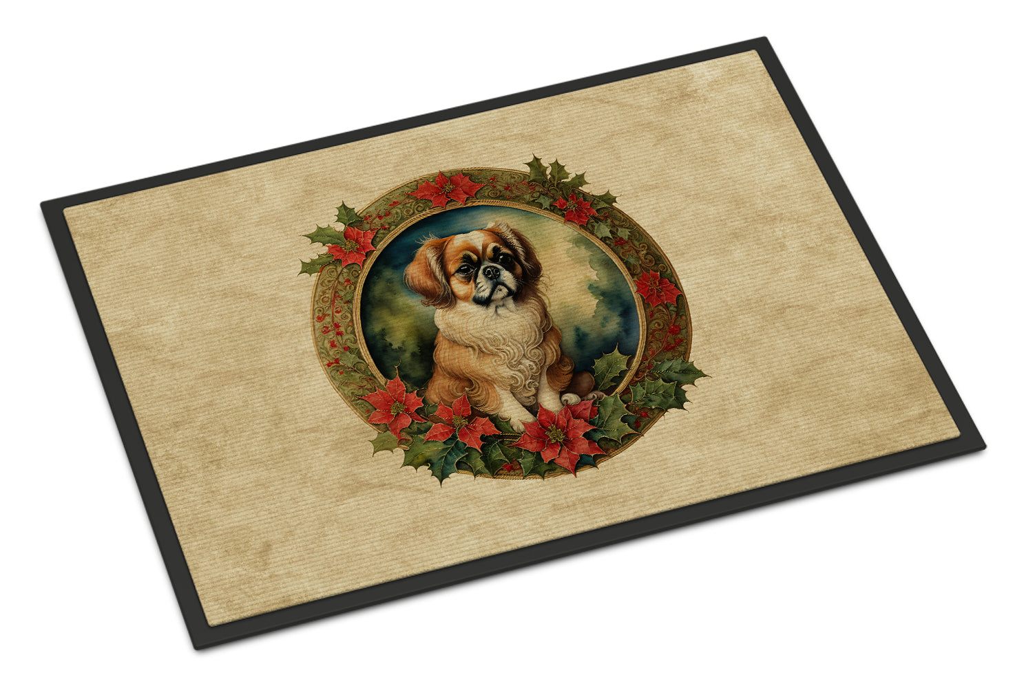 Tibetan Spaniel Christmas Flowers Doormat Indoor Outdoor 24H X 36W Front Door Mat Rugs for Entryway, Non Slip Washable Low Pile,