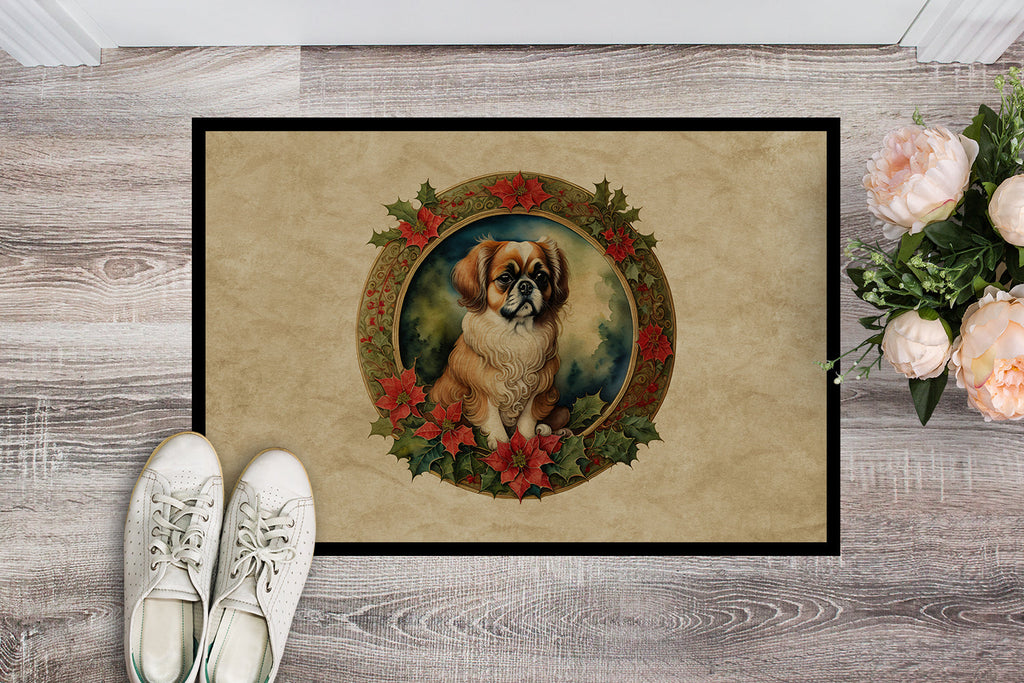 Tibetan Spaniel Christmas Flowers Doormat Indoor Outdoor 18H X 27W Front Door Mat Rugs for Entryway, Non Slip Washable