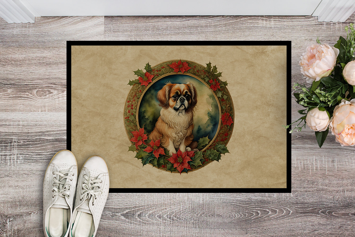 Tibetan Spaniel Christmas Flowers Doormat Indoor Outdoor 18H X 27W Front Door Mat Rugs for Entryway, Non Slip Washable