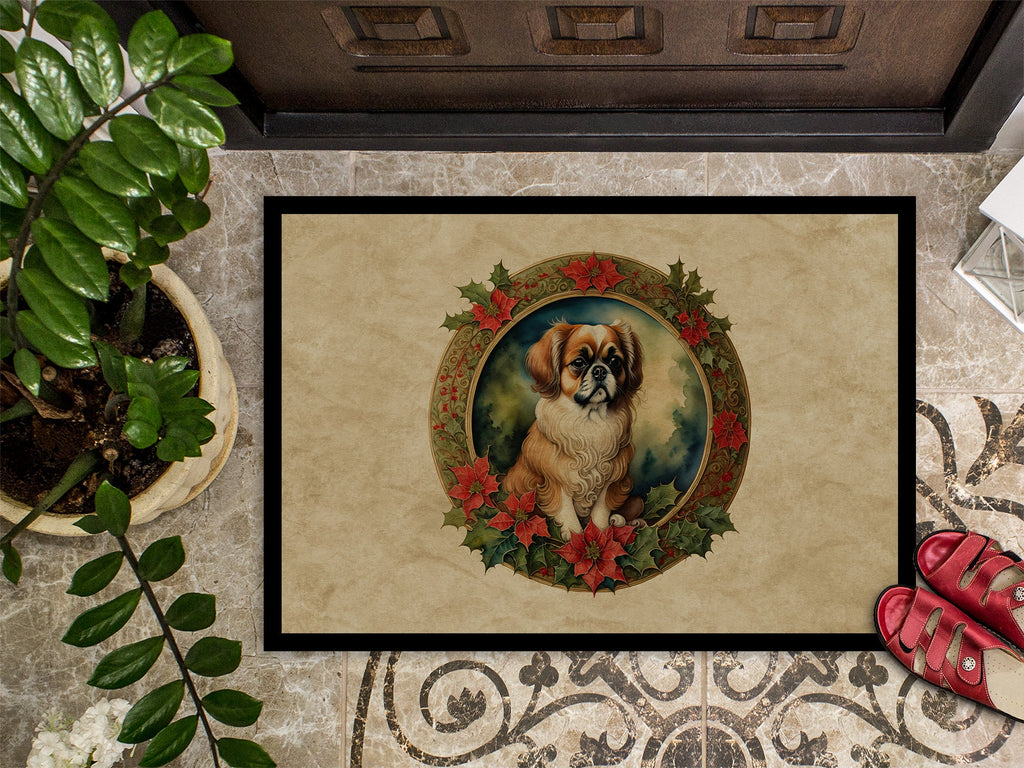 Tibetan Spaniel Christmas Flowers Doormat Indoor Outdoor 18H X 27W Front Door Mat Rugs for Entryway, Non Slip Washable