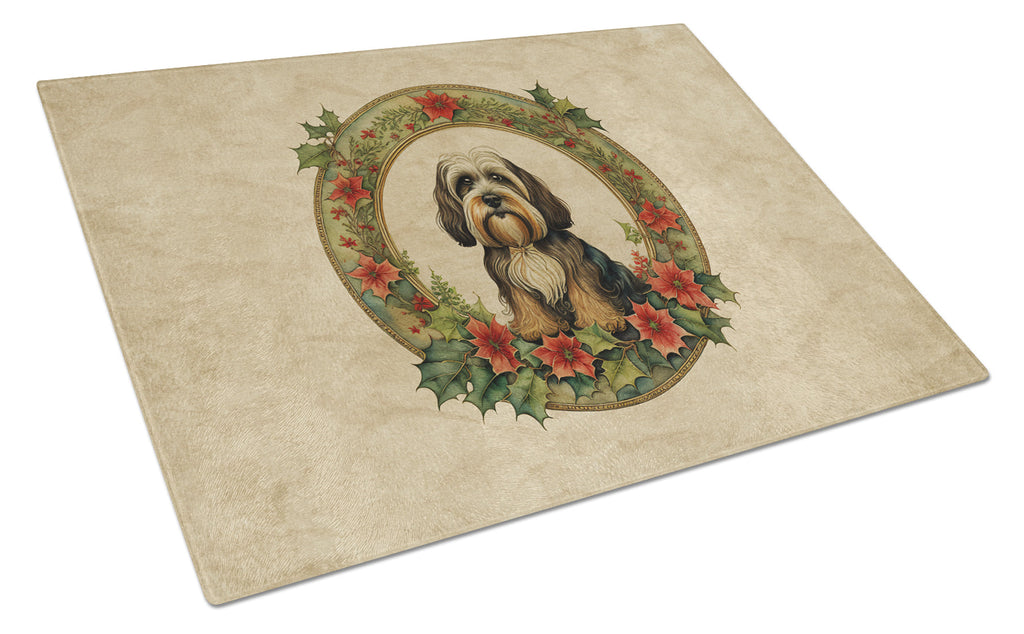 Tibetan Terrier Christmas Flowers Cutting Board Tempered Glass Kitchen Cutting Surface, Heat Resistant Chopping, Non-Slip Feet, Food Prep & Serving